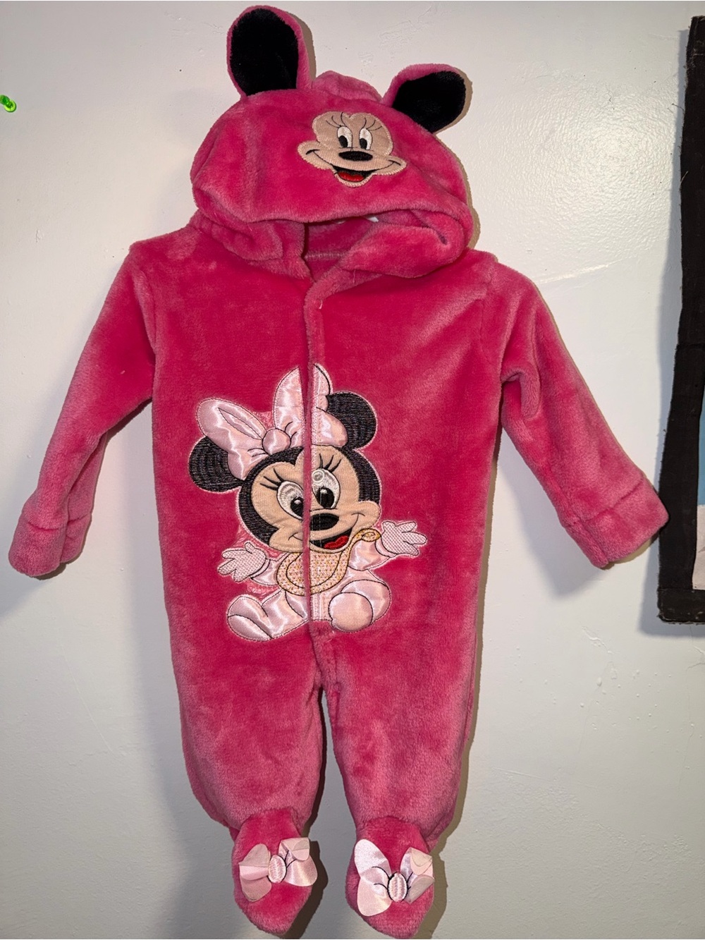 Minnie Mouse Pink Plush One-Piece Romper with Hood